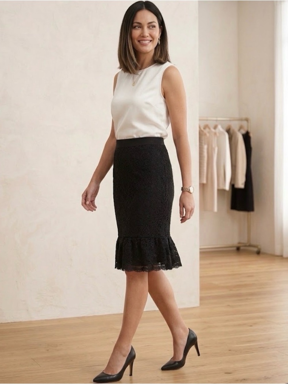 White House Black Market Black Lace Ruffle-Hem Pencil Skirt